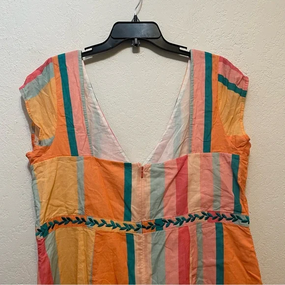 eshakti Plus Size 2X Leaf Embroidery Stripe Print Cotton Voile A-Line Dress - Picture 6 of 8